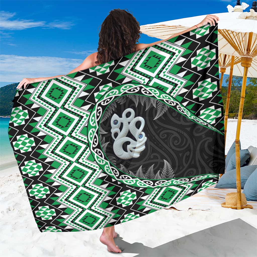 Green Taniko Motif Aotearoa Manaia and Silver Fern Sarong