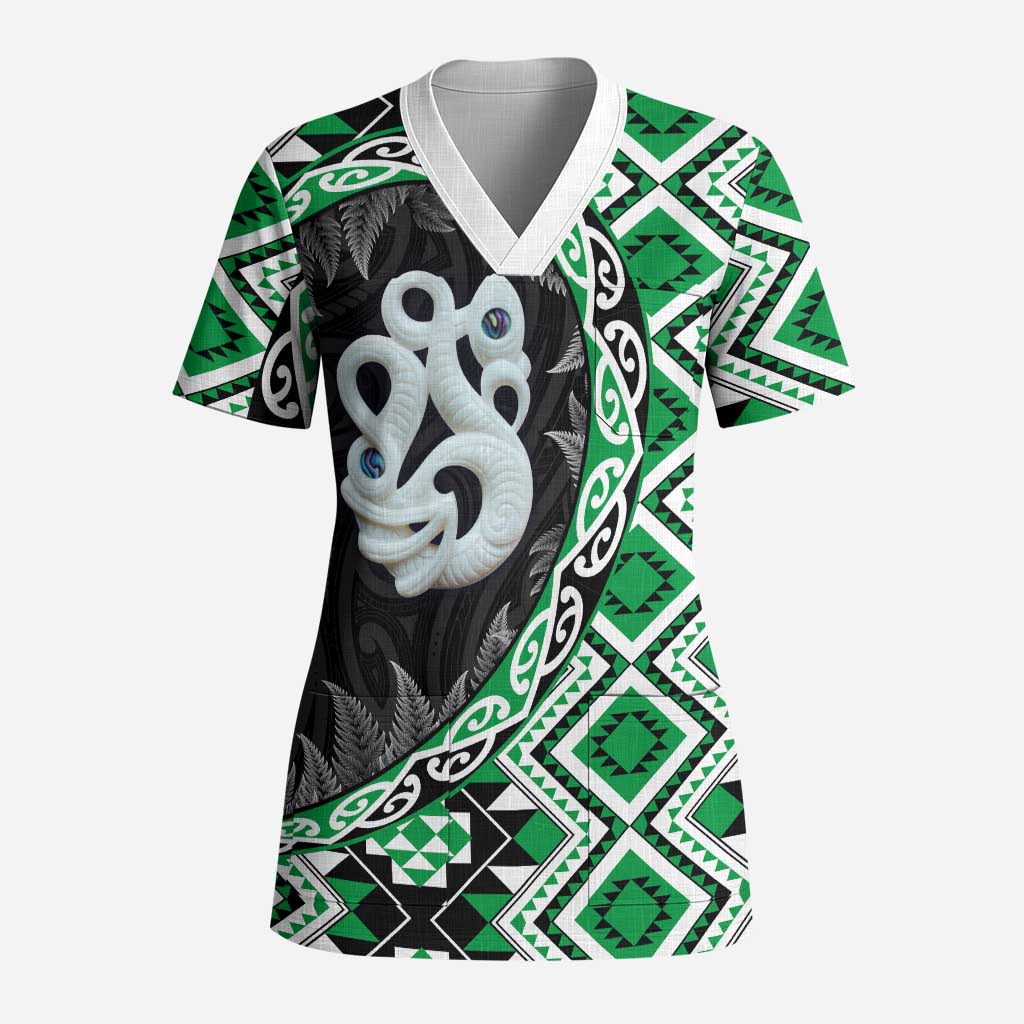 Green Taniko Motif Aotearoa Manaia and Silver Fern Scrub Top - Polynesian Pride