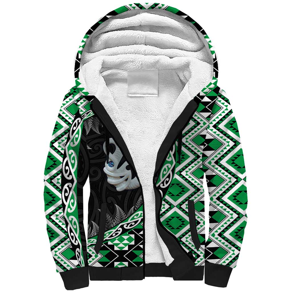 Green Taniko Motif Aotearoa Manaia and Silver Fern Sherpa Hoodie
