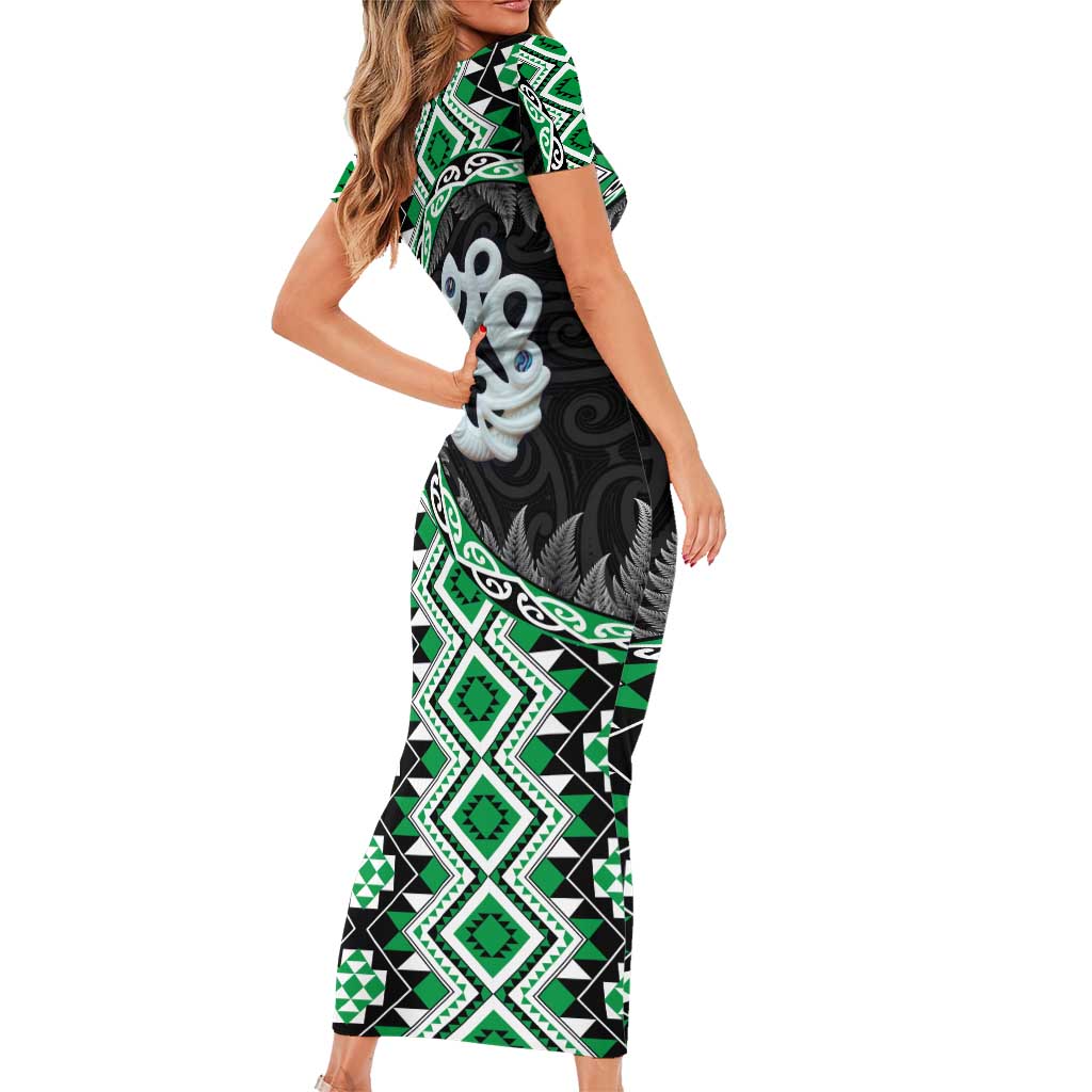 Green Taniko Motif Aotearoa Manaia and Silver Fern Short Sleeve Bodycon Dress