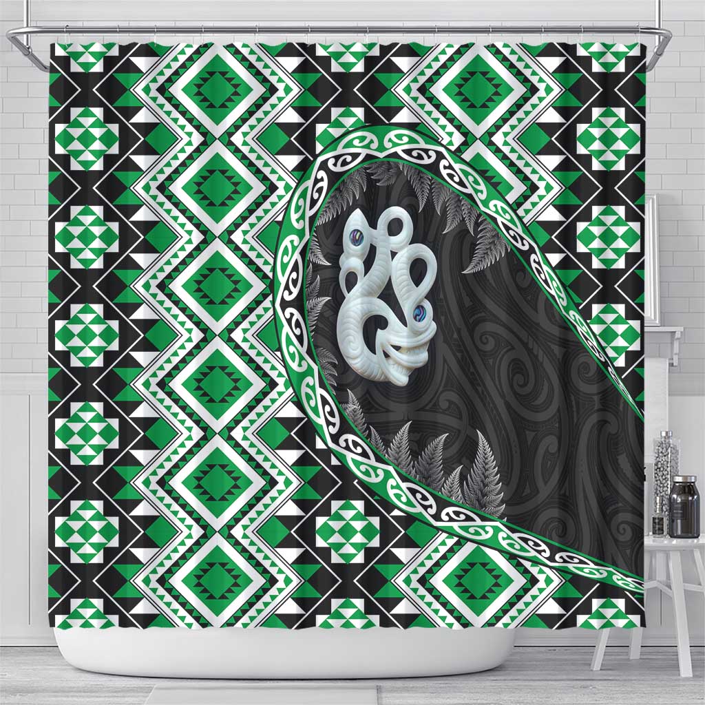 Green Taniko Motif Aotearoa Manaia and Silver Fern Shower Curtain LT03 - Polynesian Pride