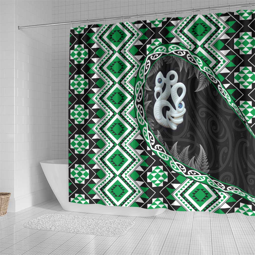 Green Taniko Motif Aotearoa Manaia and Silver Fern Shower Curtain LT03 - Polynesian Pride
