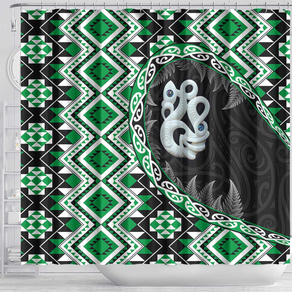 Green Taniko Motif Aotearoa Manaia and Silver Fern Shower Curtain LT03 - Polynesian Pride