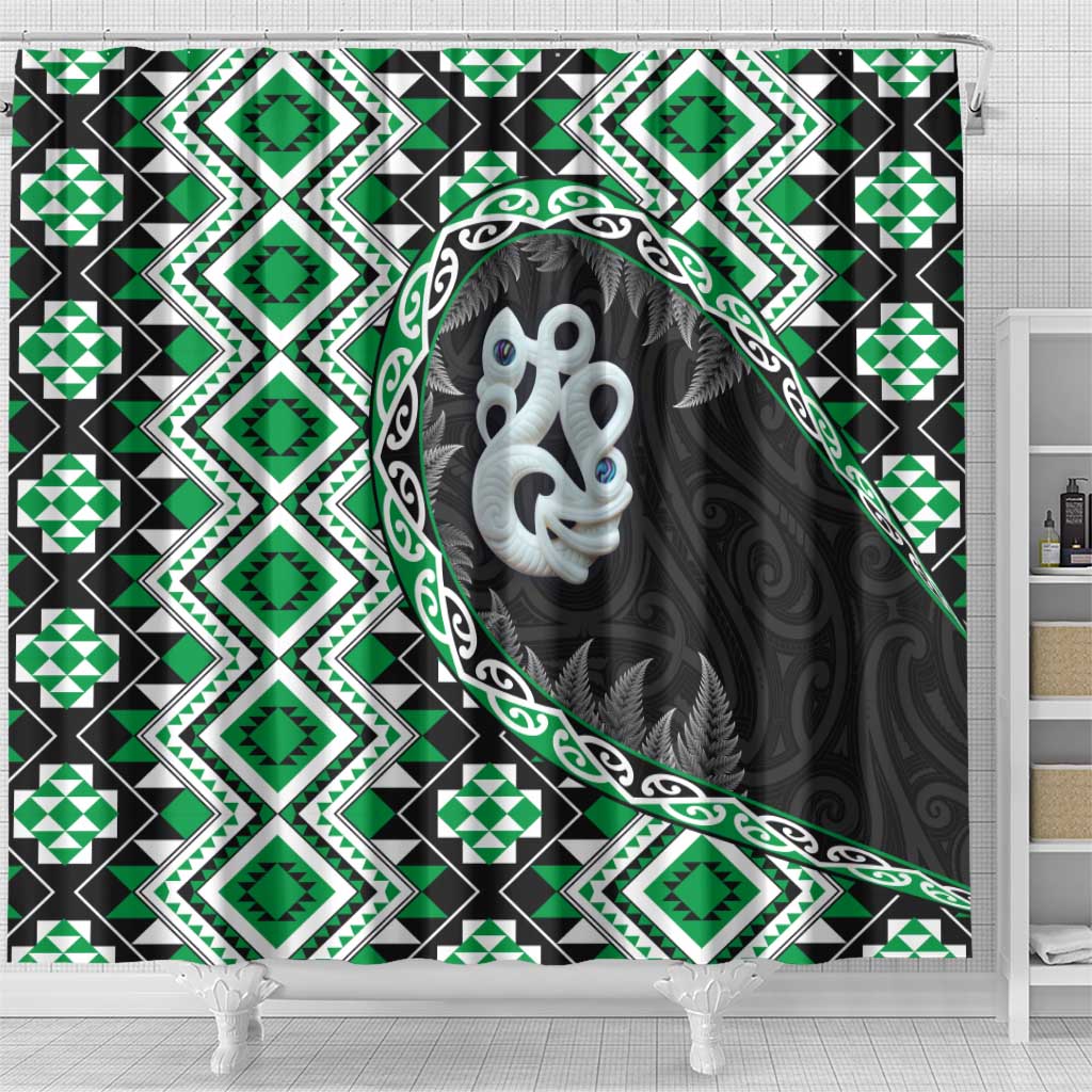 Green Taniko Motif Aotearoa Manaia and Silver Fern Shower Curtain LT03 - Polynesian Pride