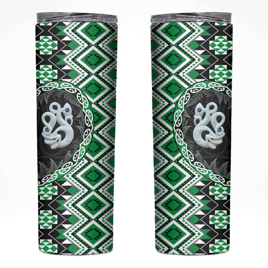 Green Taniko Motif Aotearoa Manaia and Silver Fern Skinny Tumbler