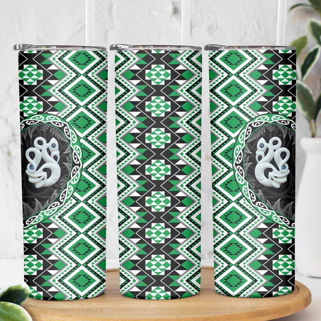 Green Taniko Motif Aotearoa Manaia and Silver Fern Skinny Tumbler