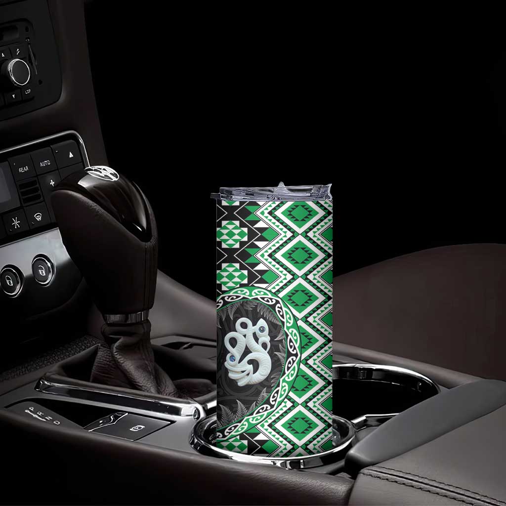 Green Taniko Motif Aotearoa Manaia and Silver Fern Skinny Tumbler