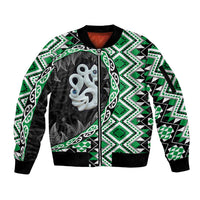 Green Taniko Motif Aotearoa Manaia and Silver Fern Sleeve Zip Bomber Jacket