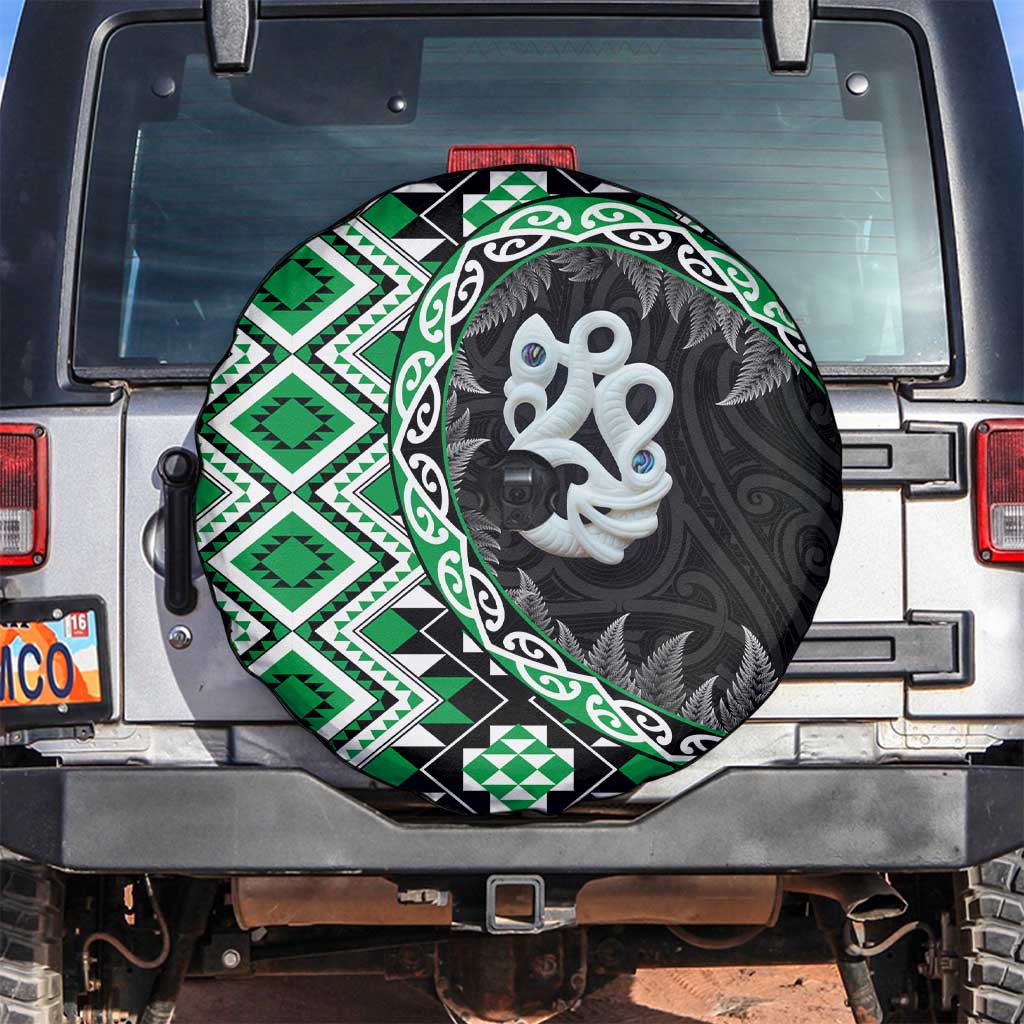 Green Taniko Motif Aotearoa Manaia and Silver Fern Spare Tire Cover LT03 Green - Polynesian Pride