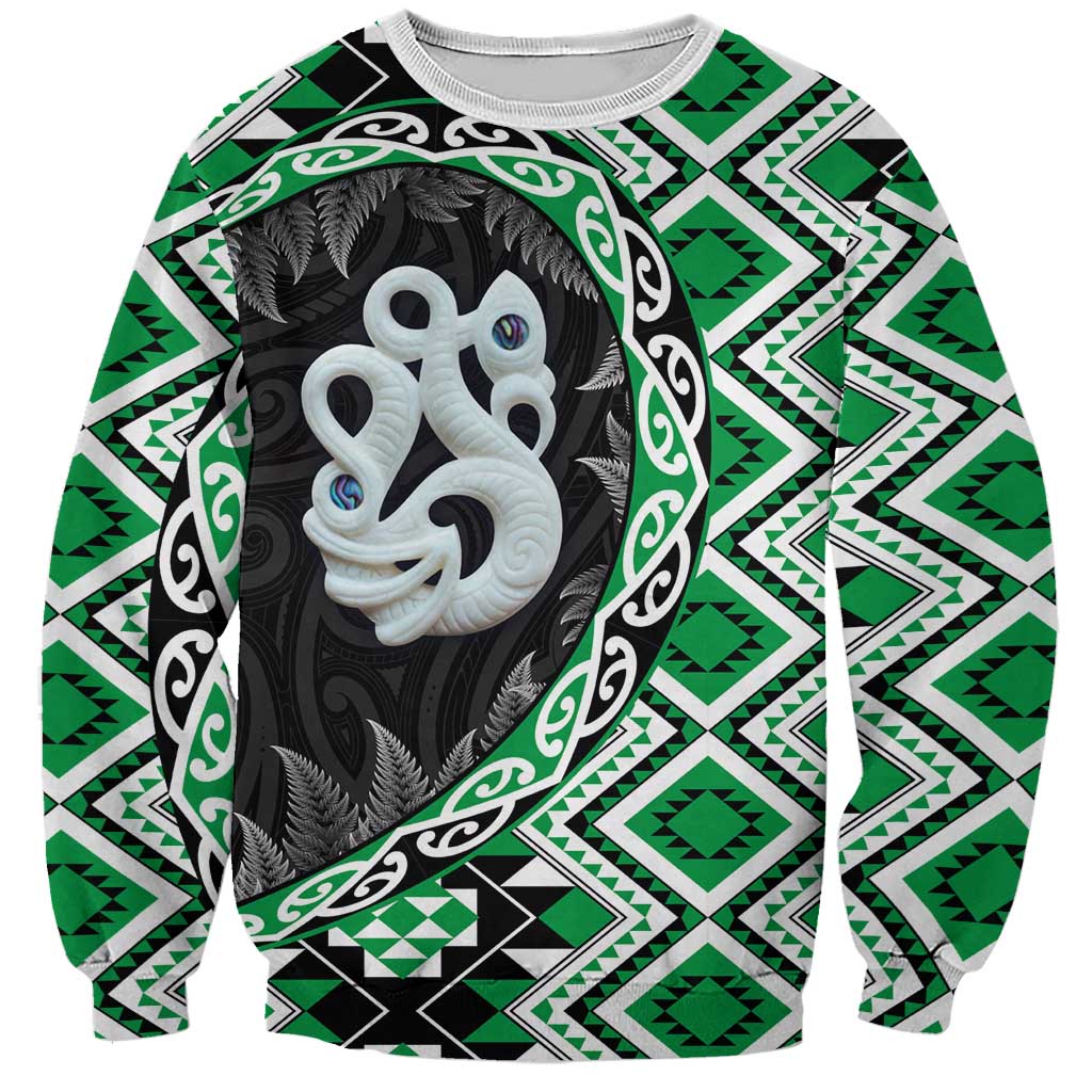 Green Taniko Motif Aotearoa Manaia and Silver Fern Sweatshirt