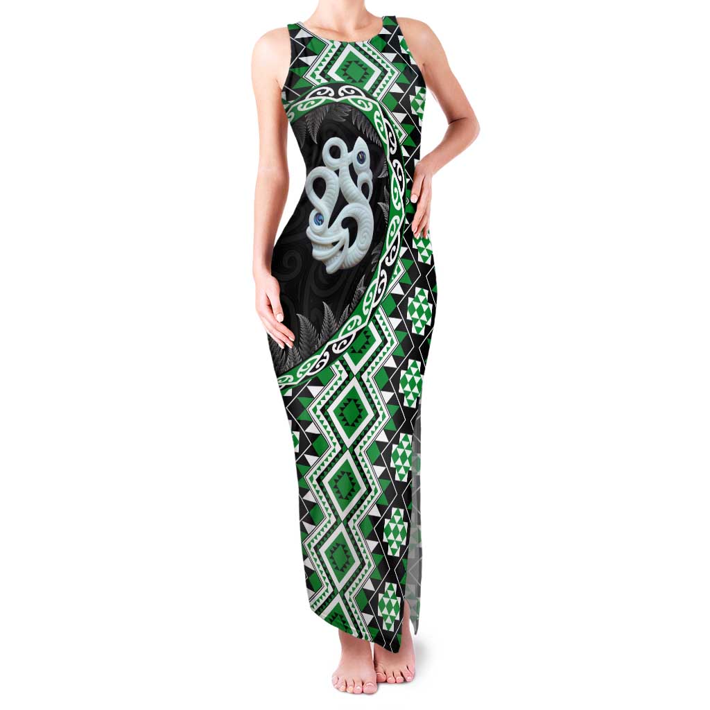 Green Taniko Motif Aotearoa Manaia and Silver Fern Tank Maxi Dress