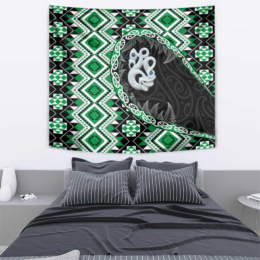 Green Taniko Motif Aotearoa Manaia and Silver Fern Tapestry