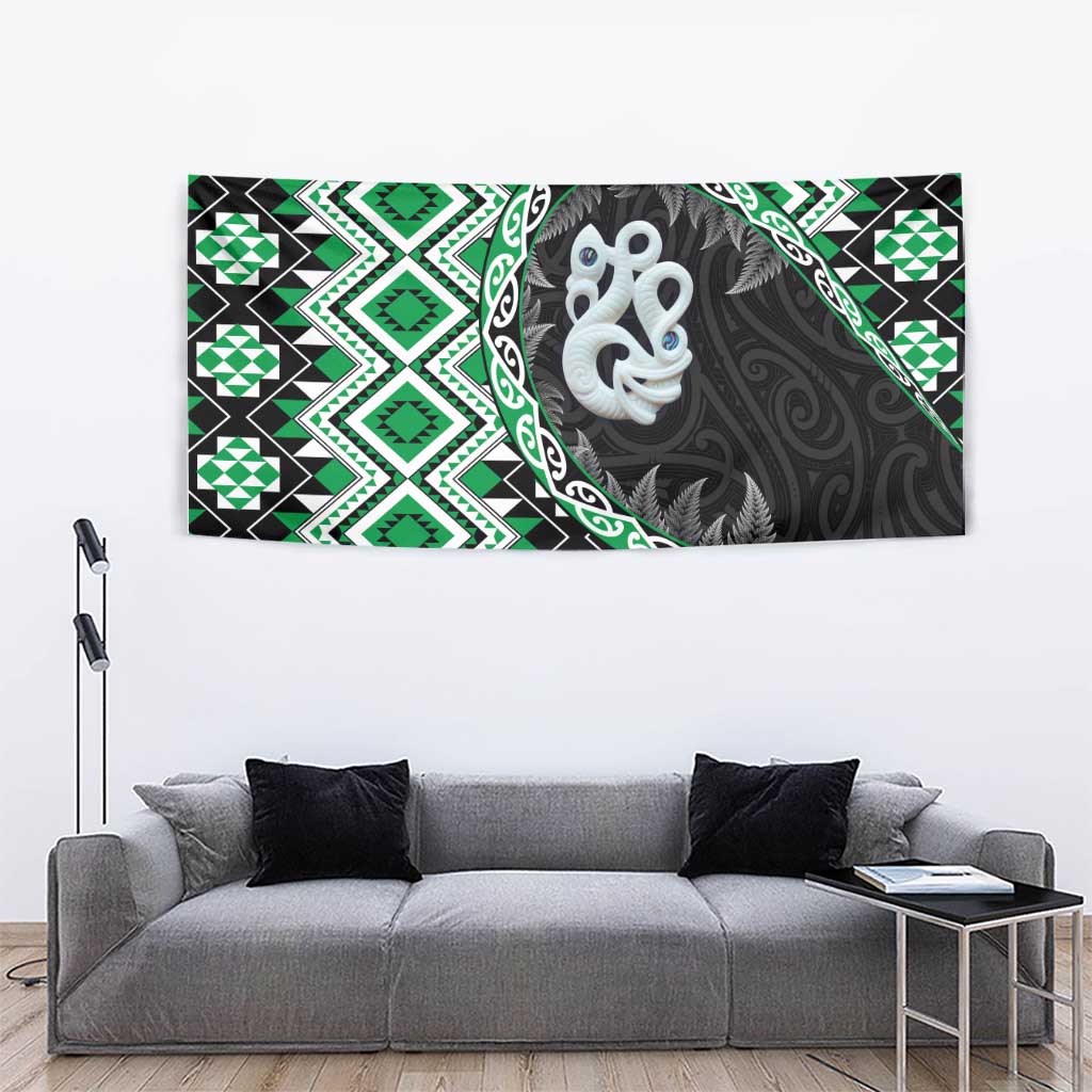 Green Taniko Motif Aotearoa Manaia and Silver Fern Tapestry