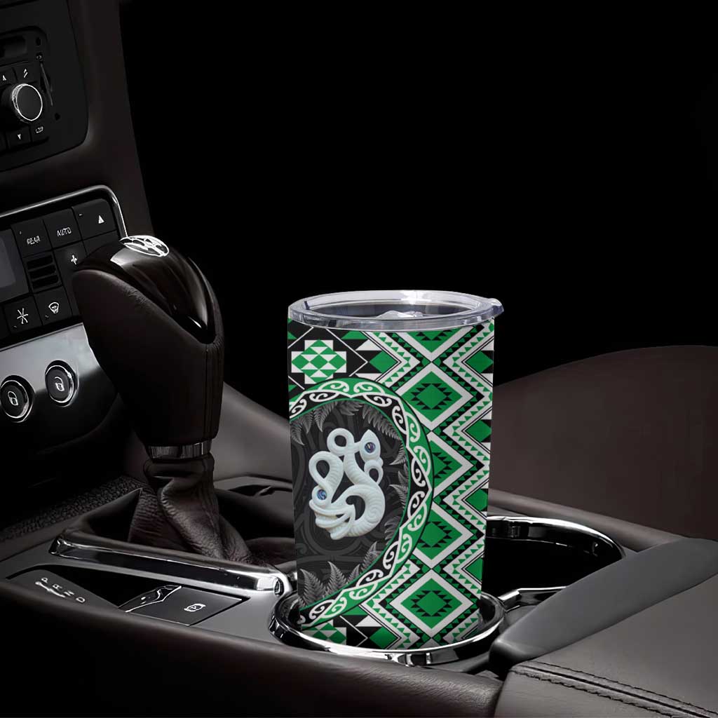 Green Taniko Motif Aotearoa Manaia and Silver Fern Tumbler Cup