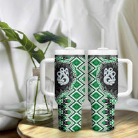 Green Taniko Motif Aotearoa Manaia and Silver Fern Tumbler With Handle