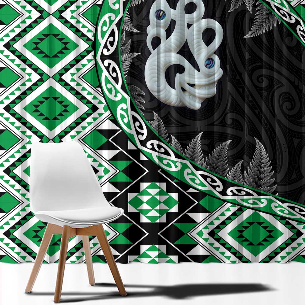 Green Taniko Motif Aotearoa Manaia and Silver Fern Window Curtain