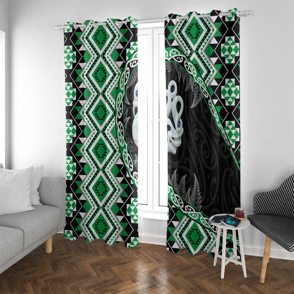 Green Taniko Motif Aotearoa Manaia and Silver Fern Window Curtain