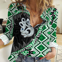 Green Taniko Motif Aotearoa Manaia and Silver Fern Women Casual Shirt