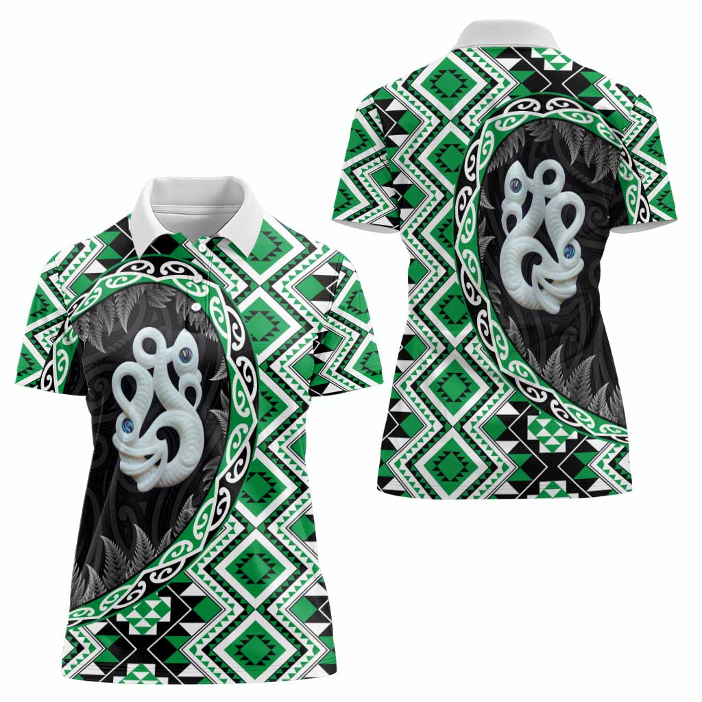 Green Taniko Motif Aotearoa Manaia and Silver Fern Women Polo Shirt