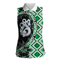 Green Taniko Motif Aotearoa Manaia and Silver Fern Women Sleeveless Polo Shirt