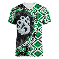 Green Taniko Motif Aotearoa Manaia and Silver Fern Women V-Neck T-Shirt