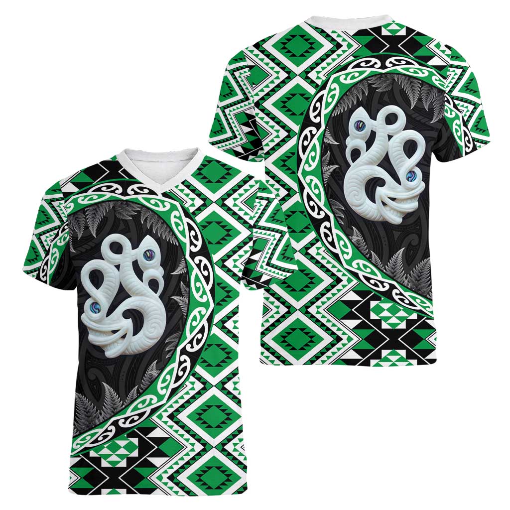 Green Taniko Motif Aotearoa Manaia and Silver Fern Women V-Neck T-Shirt