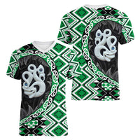 Green Taniko Motif Aotearoa Manaia and Silver Fern Women V-Neck T-Shirt