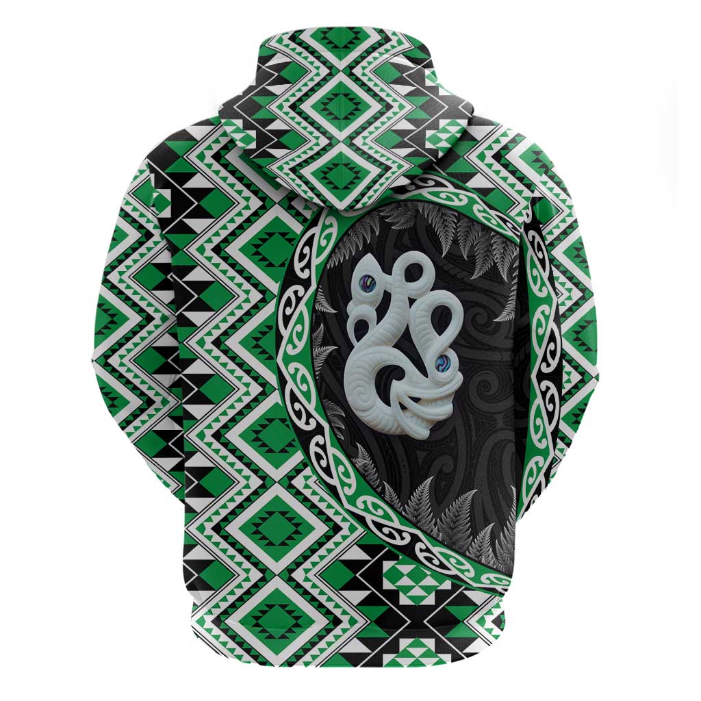 Green Taniko Motif Aotearoa Manaia and Silver Fern Zip Hoodie LT03 - Polynesian Pride