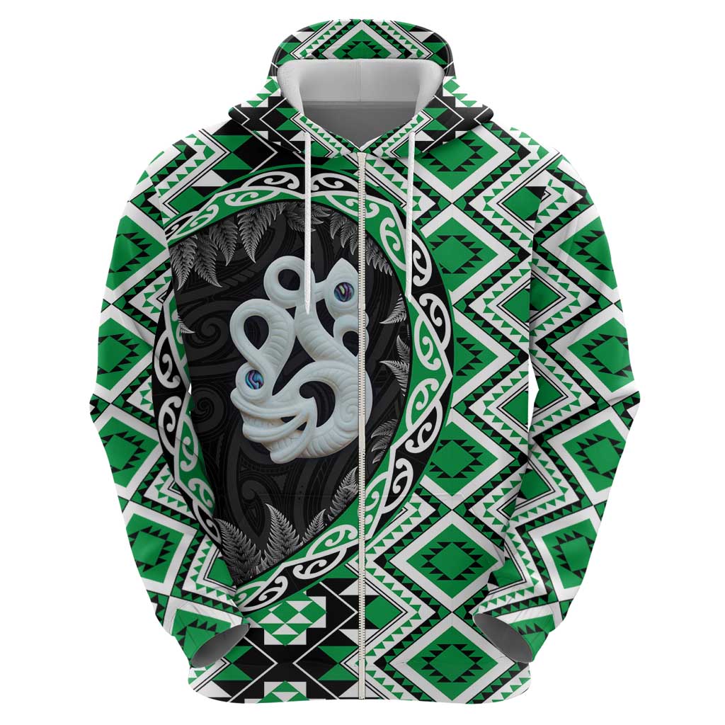 Green Taniko Motif Aotearoa Manaia and Silver Fern Zip Hoodie LT03 - Polynesian Pride