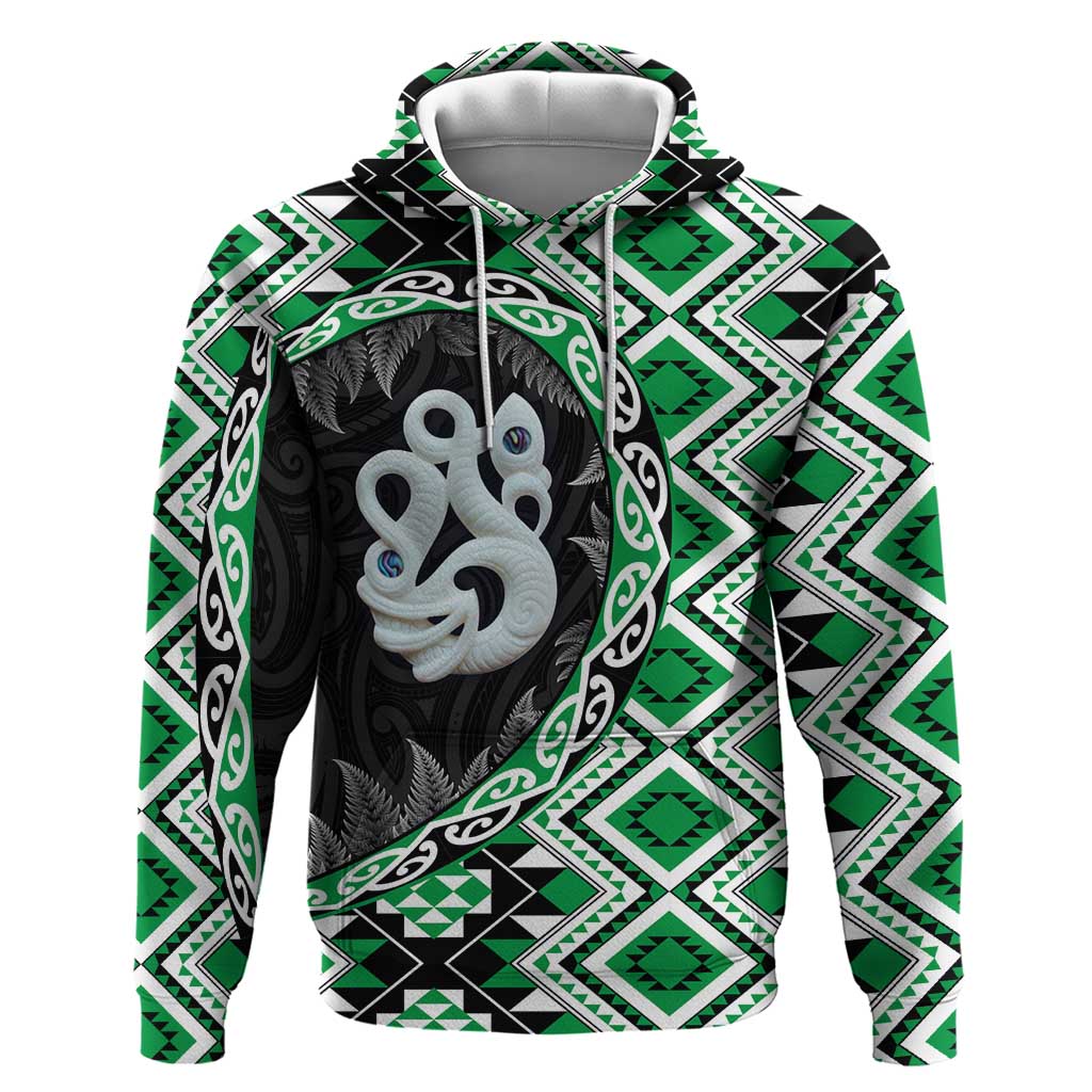 Green Taniko Motif Aotearoa Manaia and Silver Fern Zip Hoodie LT03 Pullover Hoodie Green - Polynesian Pride