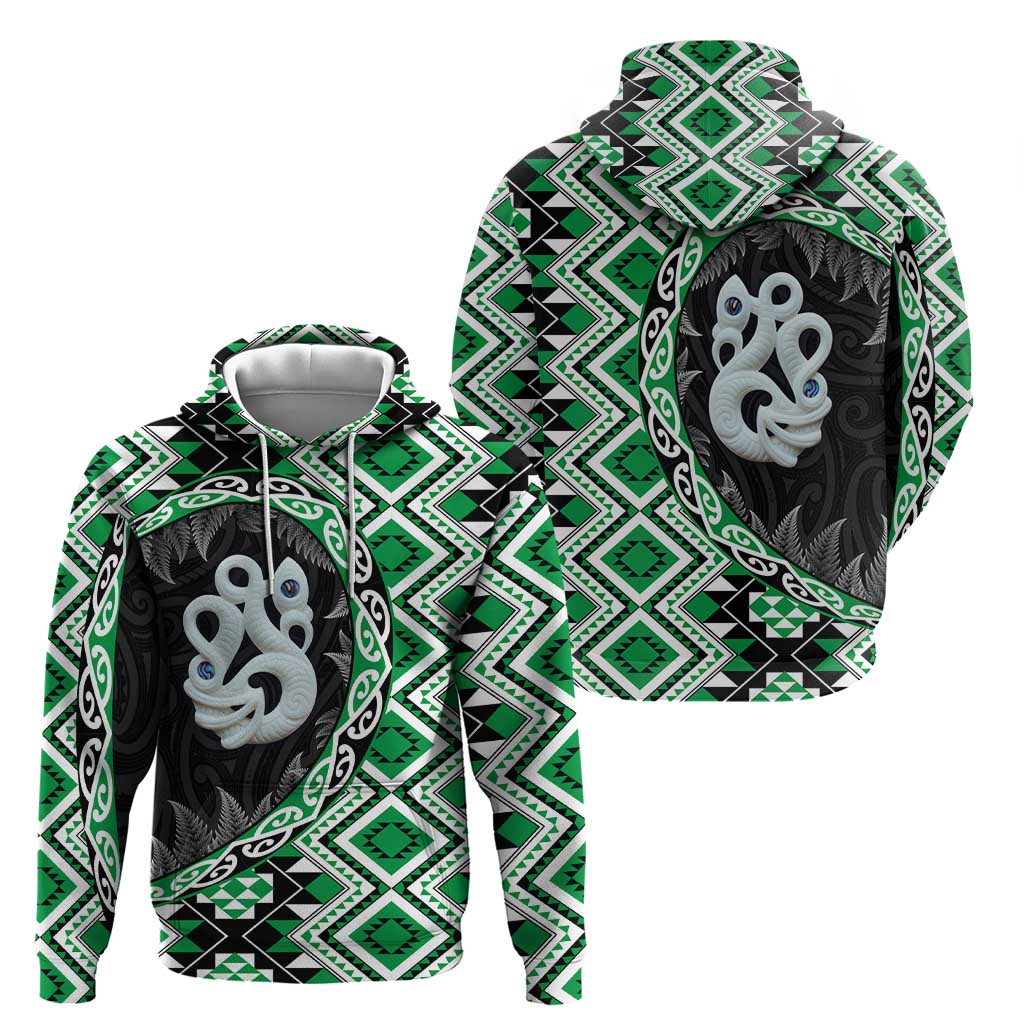 Green Taniko Motif Aotearoa Manaia and Silver Fern Zip Hoodie LT03 - Polynesian Pride