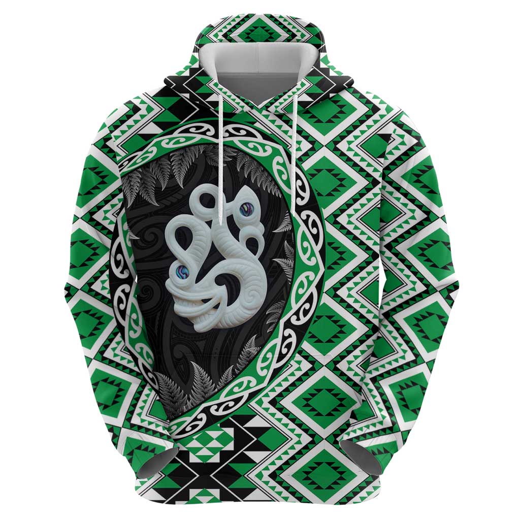 Green Taniko Motif Aotearoa Manaia and Silver Fern Zip Hoodie LT03 - Polynesian Pride