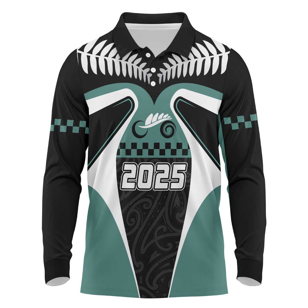 Custom New Zealand Bicycle 2025 Long Sleeve Polo Shirt LT03 Black-Teal - Polynesian Pride