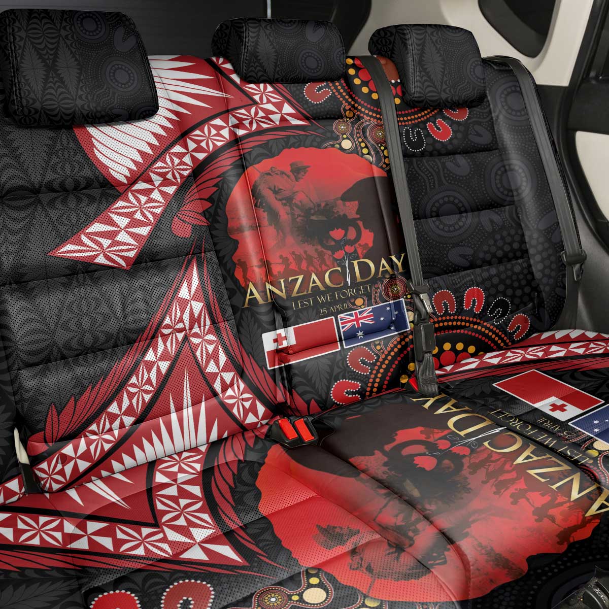 Tonga and Australia ANZAC Day Back Car Seat Cover Aboriginal and Ngatu Art Pattern - Gallipoli Lest We Forget