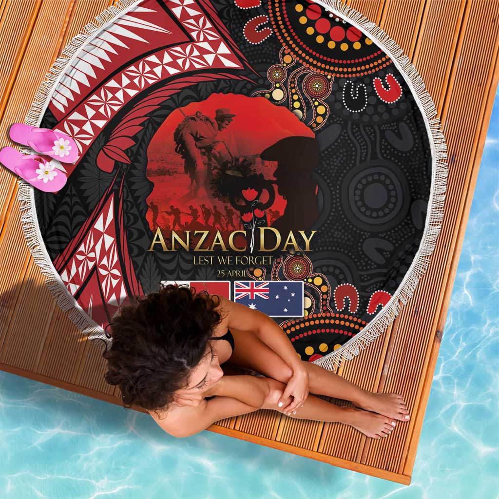 Tonga and Australia ANZAC Day Beach Blanket Aboriginal and Ngatu Art Pattern - Gallipoli Lest We Forget