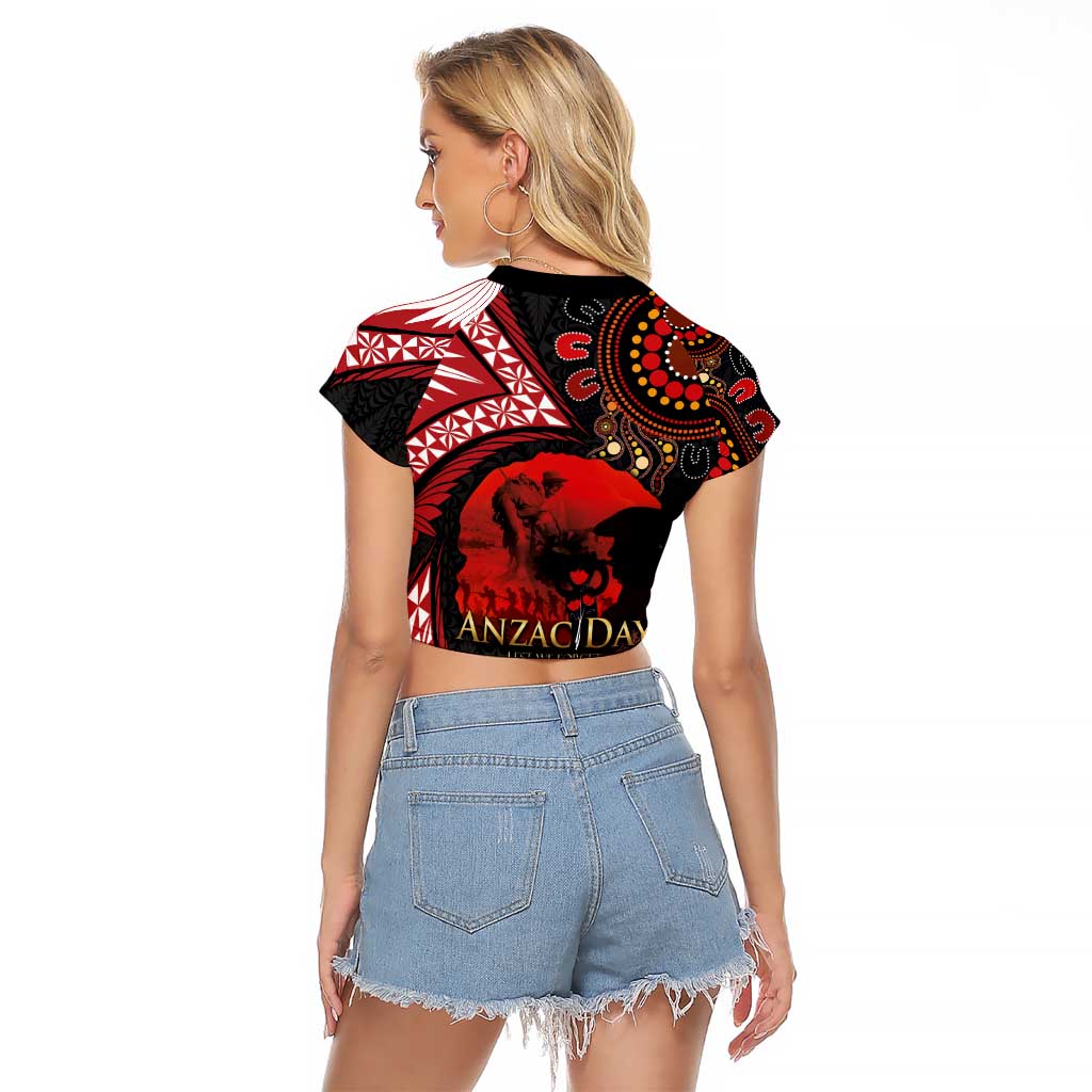 Tonga and Australia ANZAC Day Raglan Cropped T Shirt Aboriginal and Ngatu Art Pattern - Gallipoli Lest We Forget