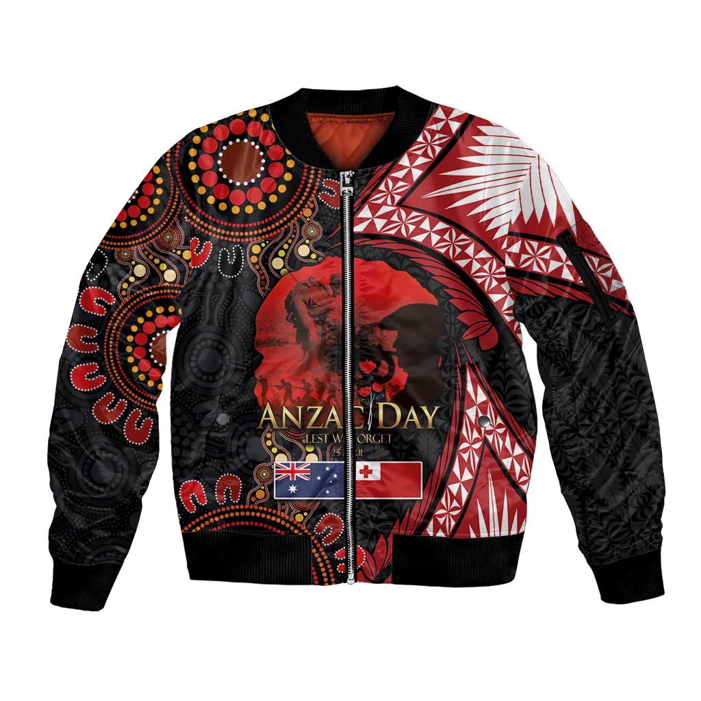 Tonga and Australia ANZAC Day Sleeve Zip Bomber Jacket Aboriginal and Ngatu Art Pattern - Gallipoli Lest We Forget LT03 Unisex Black - Polynesian Pride