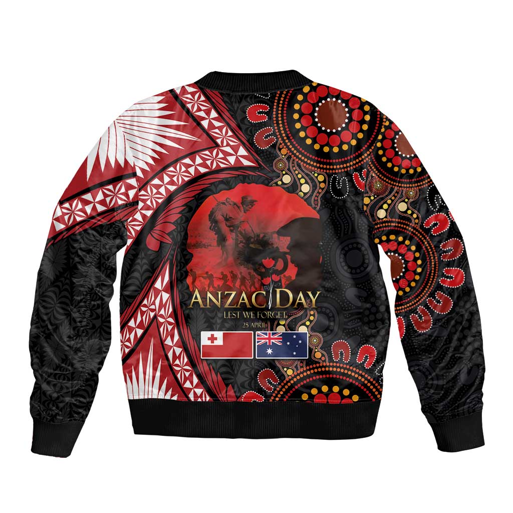 Tonga and Australia ANZAC Day Sleeve Zip Bomber Jacket Aboriginal and Ngatu Art Pattern - Gallipoli Lest We Forget LT03 - Polynesian Pride
