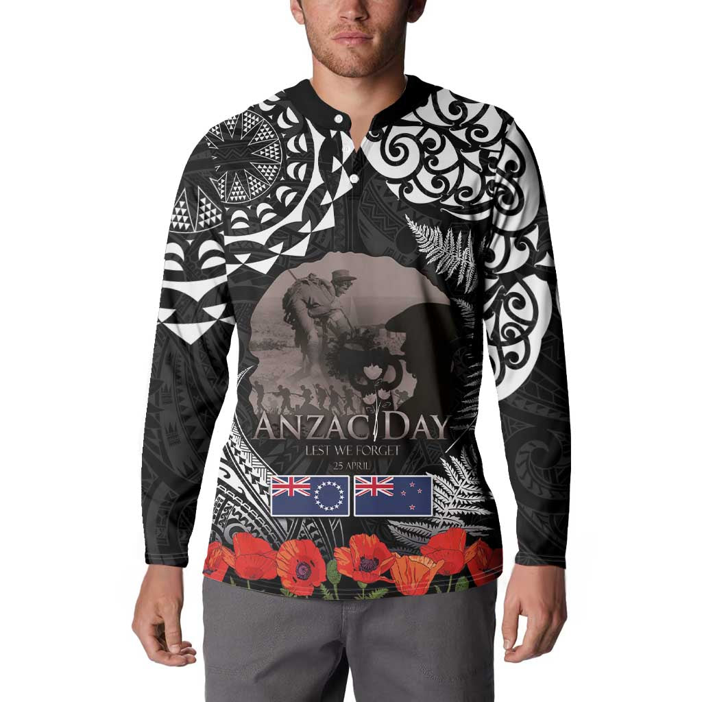 New Zealand and Cook Islands ANZAC Day Button Sweatshirt Gallipoli Lest We Forget Tatau Art Tribal and Maori Tattoo with Fern