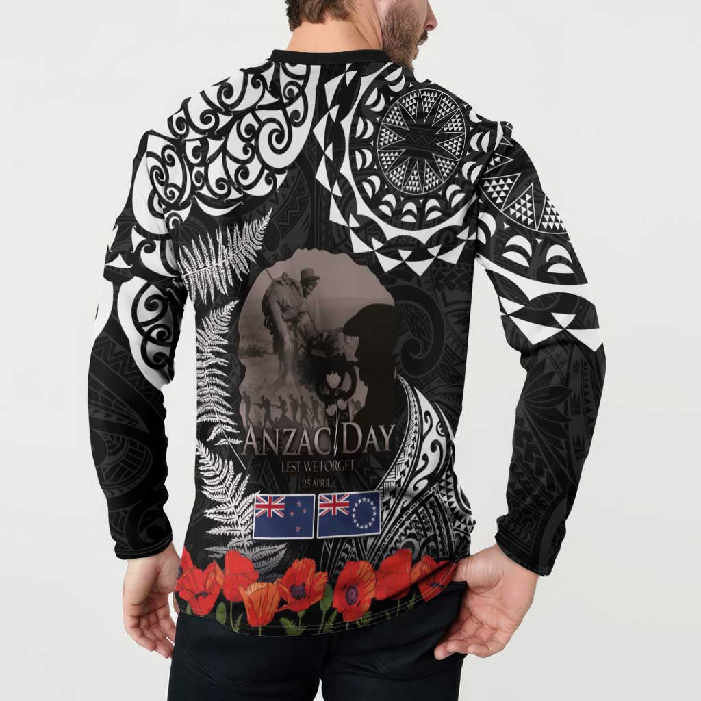 New Zealand and Cook Islands ANZAC Day Button Sweatshirt Gallipoli Lest We Forget Tatau Art Tribal and Maori Tattoo with Fern