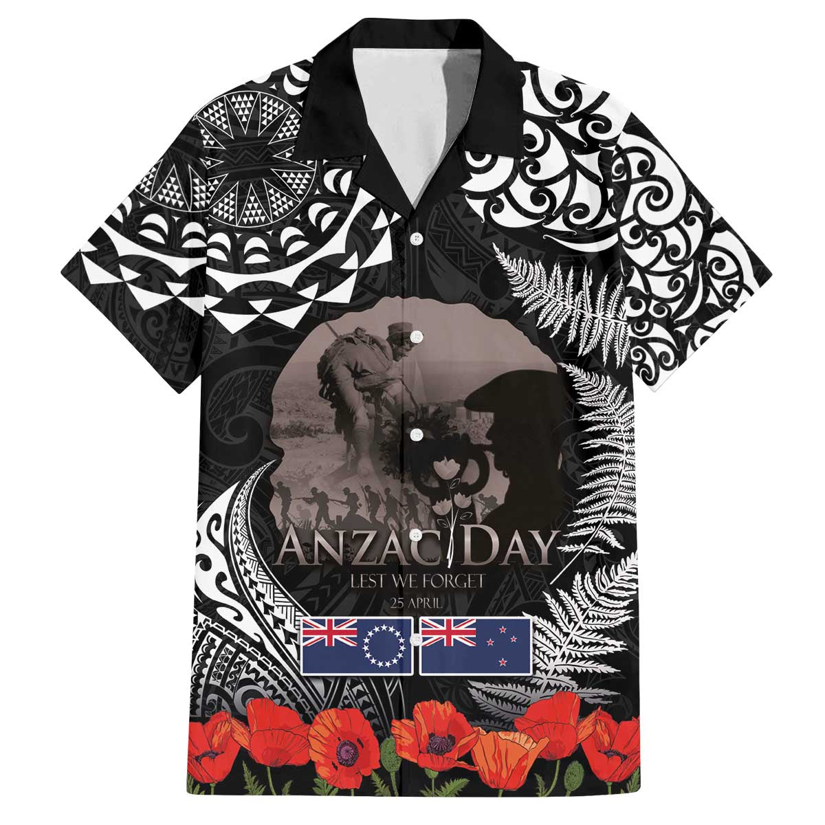 New Zealand and Cook Islands ANZAC Day Family Matching Off The Shoulder Long Sleeve Dress and Hawaiian Shirt Gallipoli Lest We Forget Tatau Art Tribal and Maori Tattoo with Fern