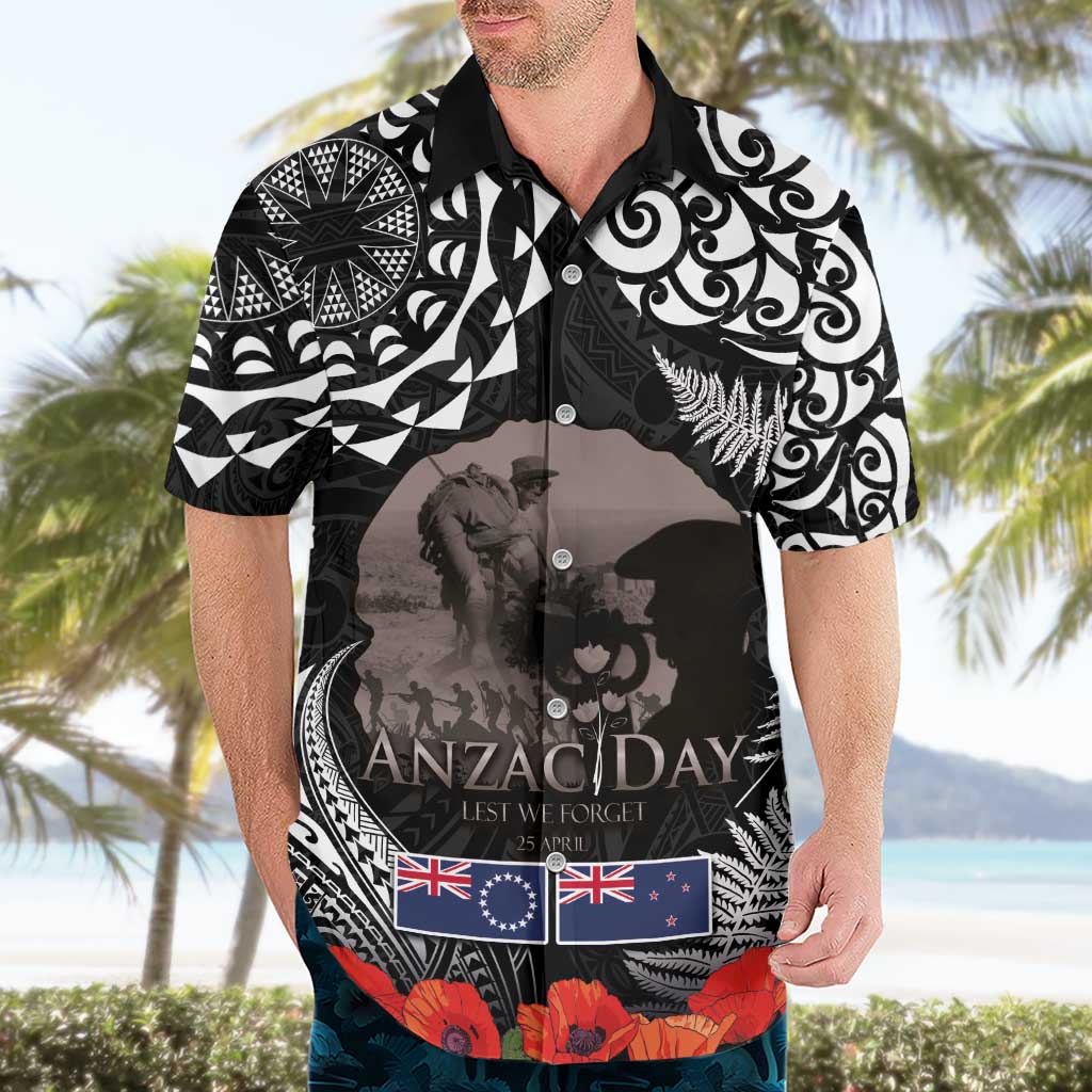 New Zealand and Cook Islands ANZAC Day Hawaiian Shirt Gallipoli Lest We Forget Tatau Art Tribal and Maori Tattoo with Fern