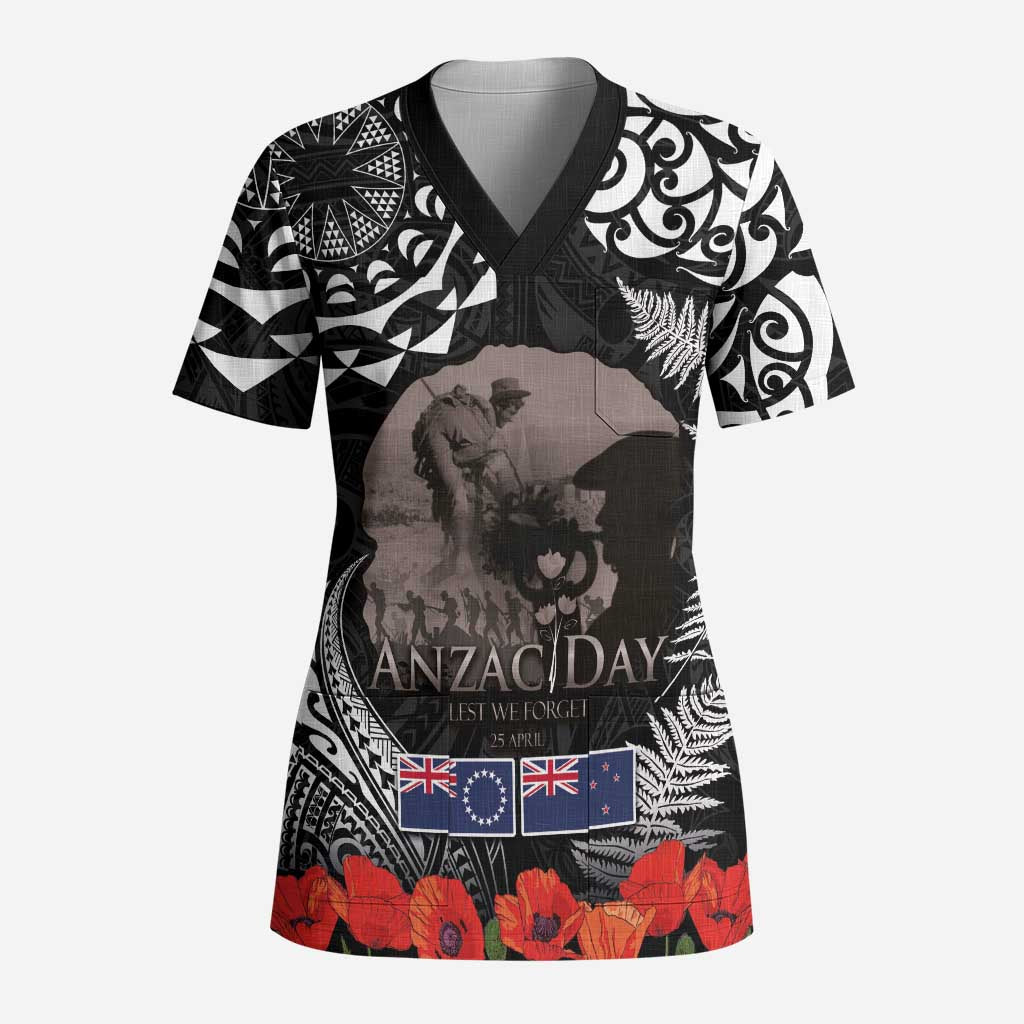 New Zealand and Cook Islands ANZAC Day Scrub Top Gallipoli Lest We Forget Tatau Art Tribal and Maori Tattoo with Fern - Polynesian Pride