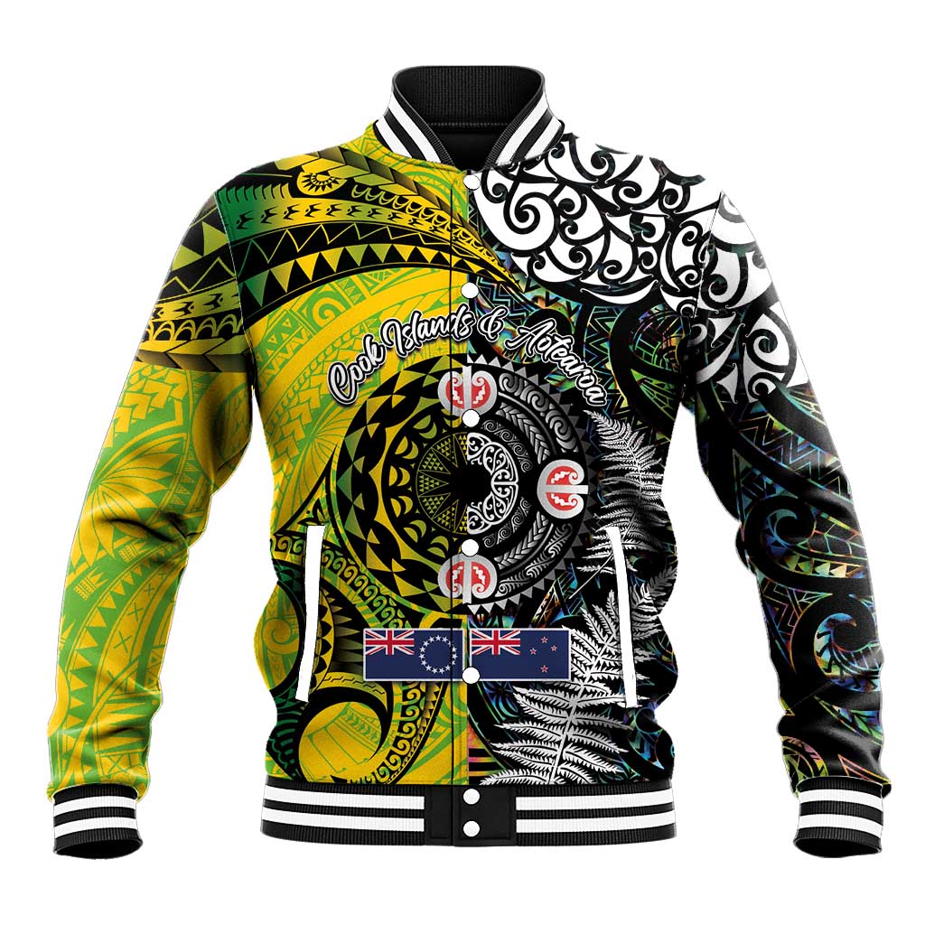New Zealand and Cook Islands Together Baseball Jacket Tatau Art Tribal Pattern-Maori Tattoo with Fern and Paua Shell