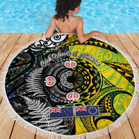 New Zealand and Cook Islands Together Beach Blanket Tatau Art Tribal Pattern-Maori Tattoo with Fern and Paua Shell