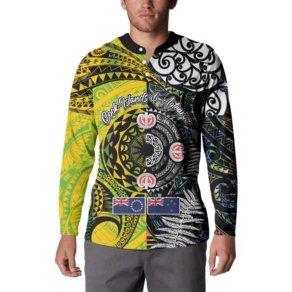 New Zealand and Cook Islands Together Button Sweatshirt Tatau Art Tribal Pattern-Maori Tattoo with Fern and Paua Shell