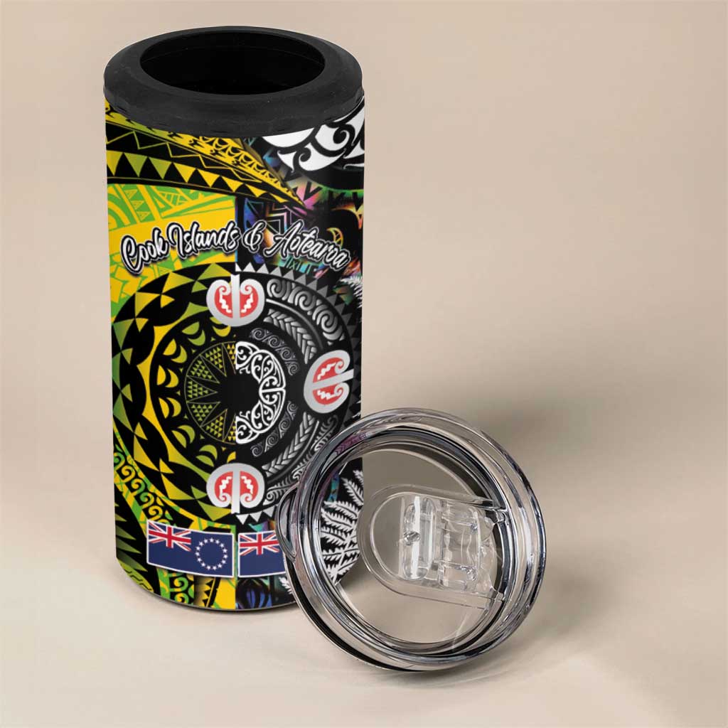 New Zealand and Cook Islands Together 4 in 1 Can Cooler Tumbler Tatau Art Tribal Pattern-Maori Tattoo with Fern and Paua Shell