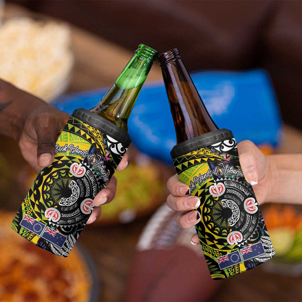 New Zealand and Cook Islands Together 4 in 1 Can Cooler Tumbler Tatau Art Tribal Pattern-Maori Tattoo with Fern and Paua Shell