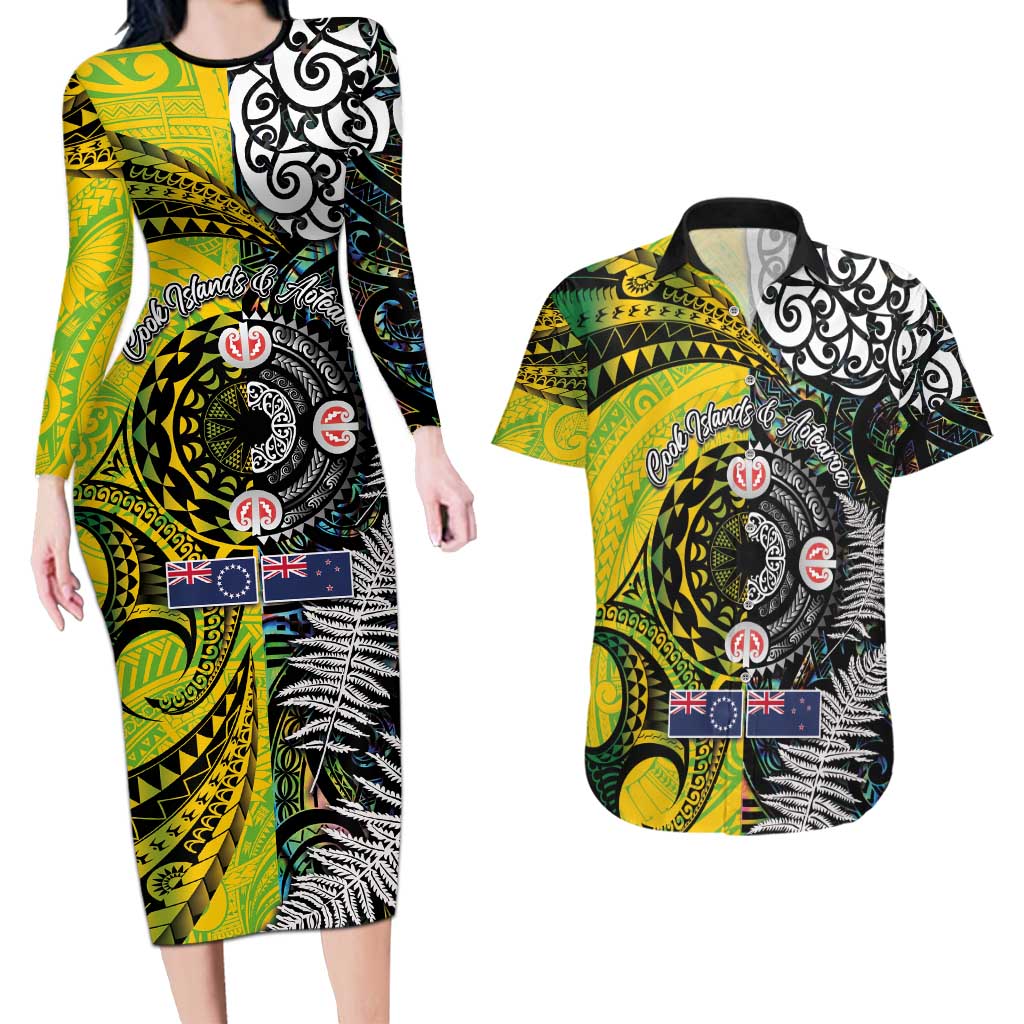 New Zealand and Cook Islands Together Couples Matching Long Sleeve Bodycon Dress and Hawaiian Shirt Tatau Art Tribal Pattern-Maori Tattoo with Fern and Paua Shell