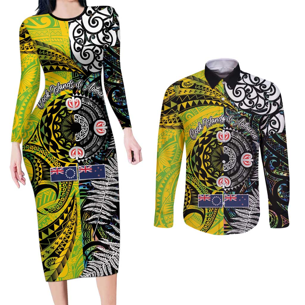 New Zealand and Cook Islands Together Couples Matching Long Sleeve Bodycon Dress and Long Sleeve Button Shirt Tatau Art Tribal Pattern-Maori Tattoo with Fern and Paua Shell